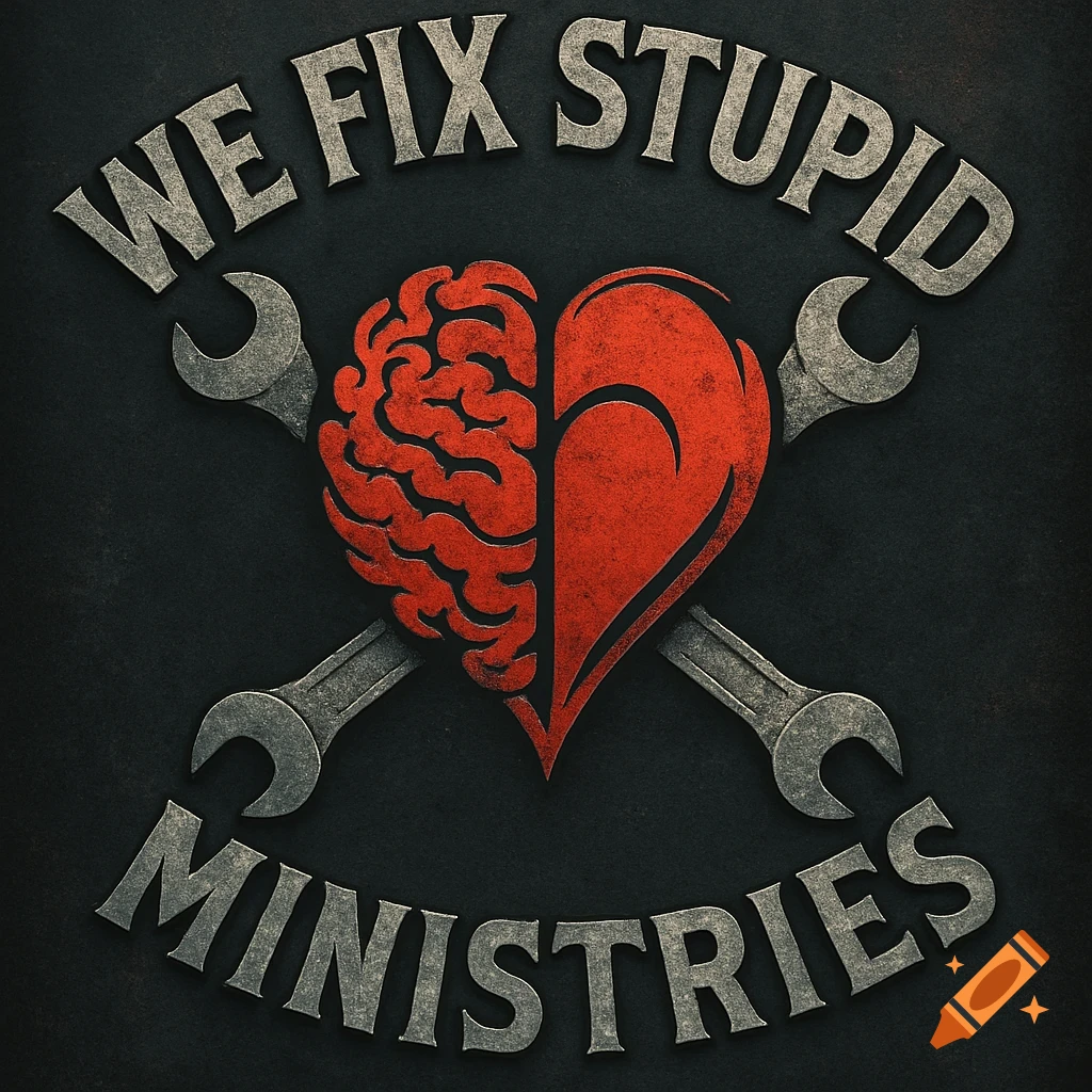 A dark logo featuring a red half-brain, half-heart symbol crossed by two grey wrenches, with text 'WE FIX STUPID MINISTRIES' on a textured background.