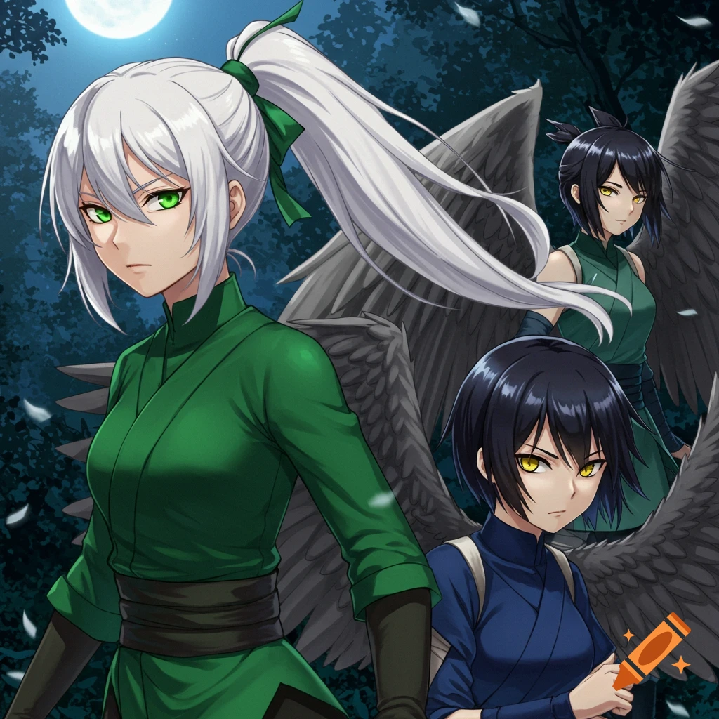 Three anime women with dark wings in a forest at night. The foreground woman has white hair and green eyes, wearing a green ninja outfit. Two others with short black hair and yellow eyes wear blue and green outfits.