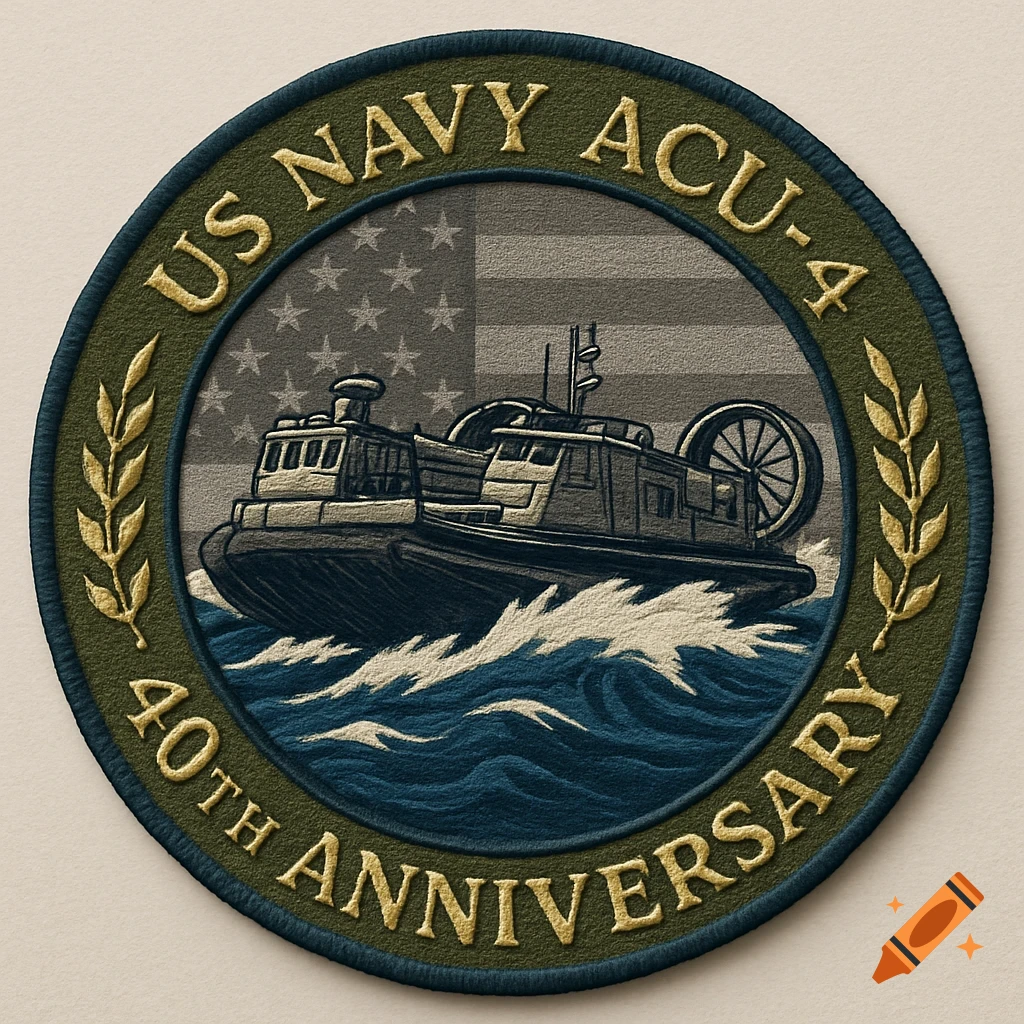 Embroidered US Navy ACU-4 40th Anniversary patch with a hovercraft on waves, US flag background, and laurel wreaths.