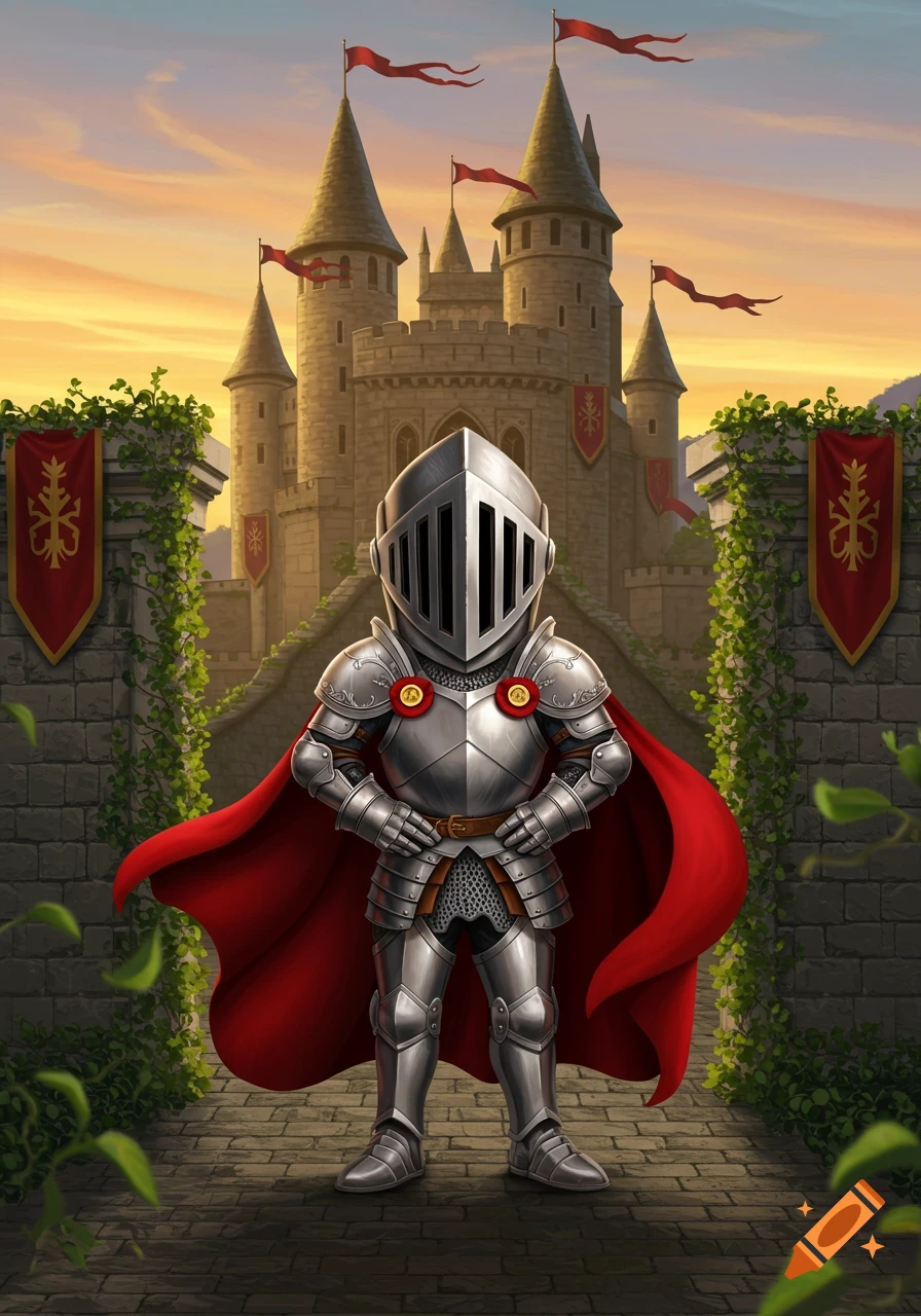 A cartoonish knight in shining armor with a red cape stands in front of a grand castle at sunset.