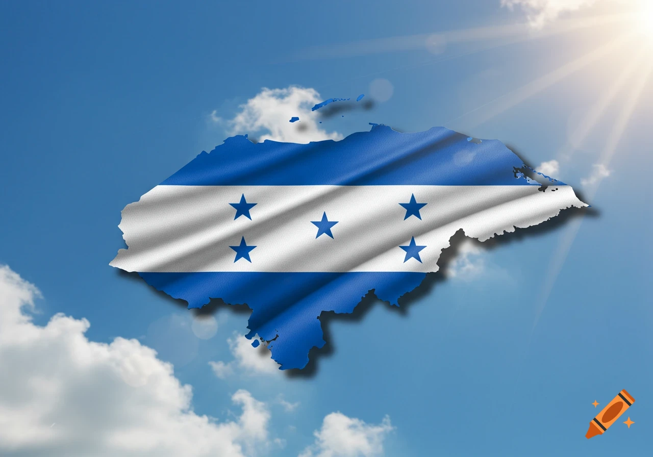 The flag of Honduras in the shape of its country's map, against a blue sky with clouds and sun.