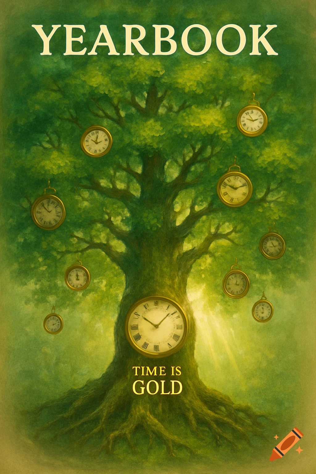 A large green tree with golden clocks hanging from its branches. Text reads "YEARBOOK" and "TIME IS GOLD".