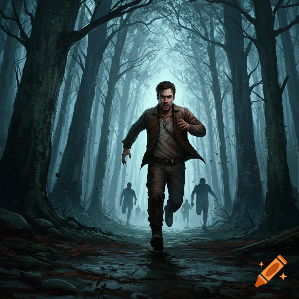 A man in a brown jacket runs through a dark, foggy forest, pursued by shadowy figures, in a suspenseful digital painting.