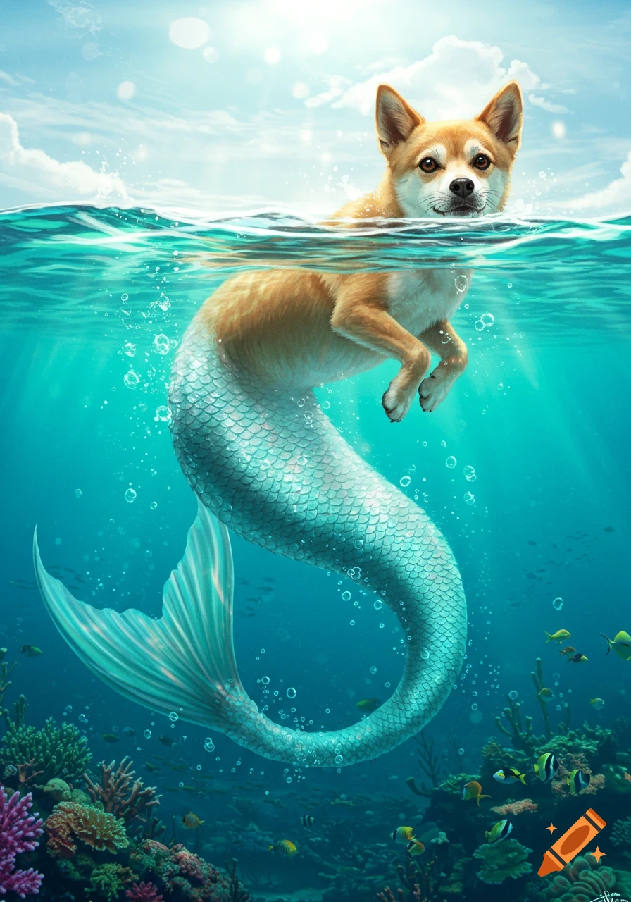A cute golden dog with a blue mermaid tail swims playfully in clear ocean water above coral and fish, with sunlit sky above.