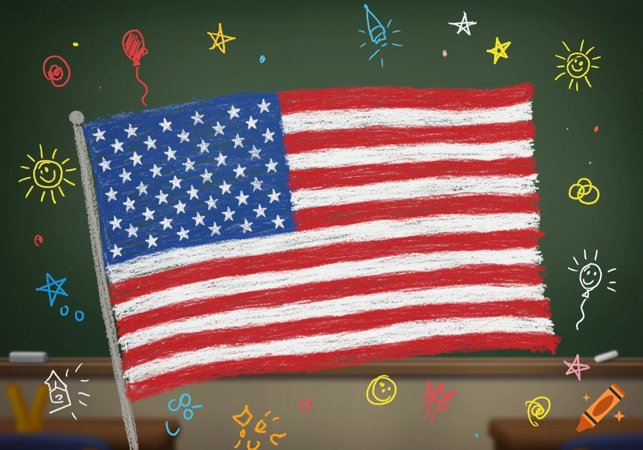 A vibrant chalk drawing of an American flag on a green blackboard, surrounded by colorful child-like doodles.