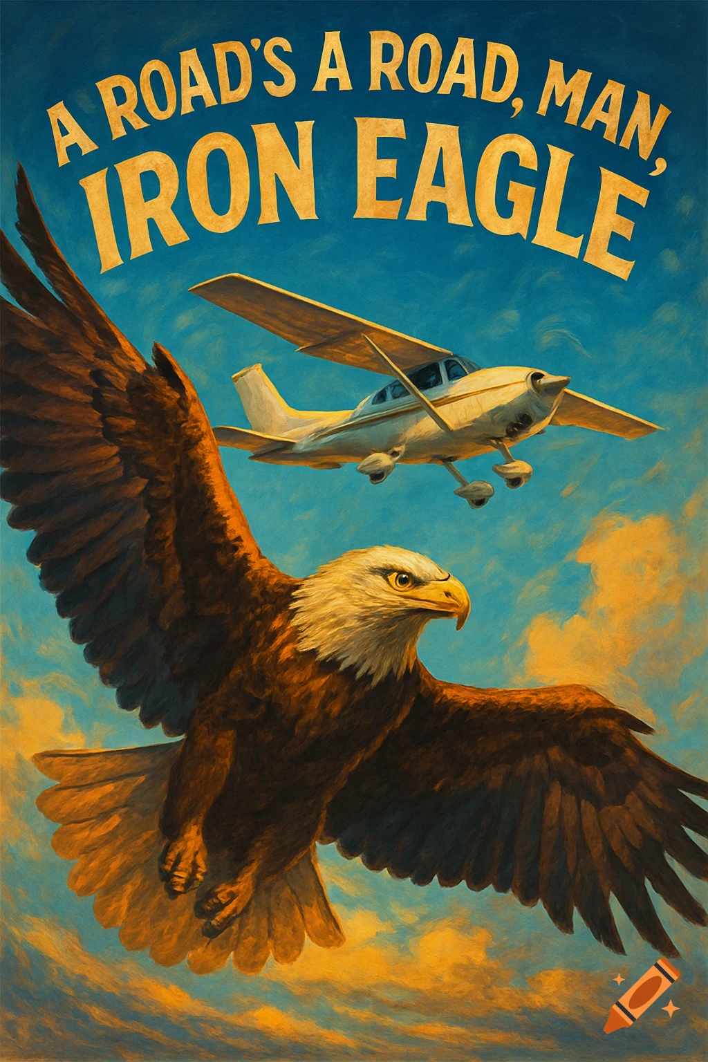 Painting of a bald eagle flying above a small white Cessna airplane in a blue and orange sky, with text 'A ROAD'S A ROAD, MAN, IRON EAGLE'.