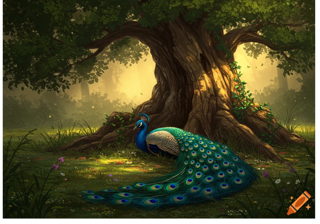 An illustration of a vibrant peacock sitting under a large, gnarled tree in a sunny, green forest clearing.