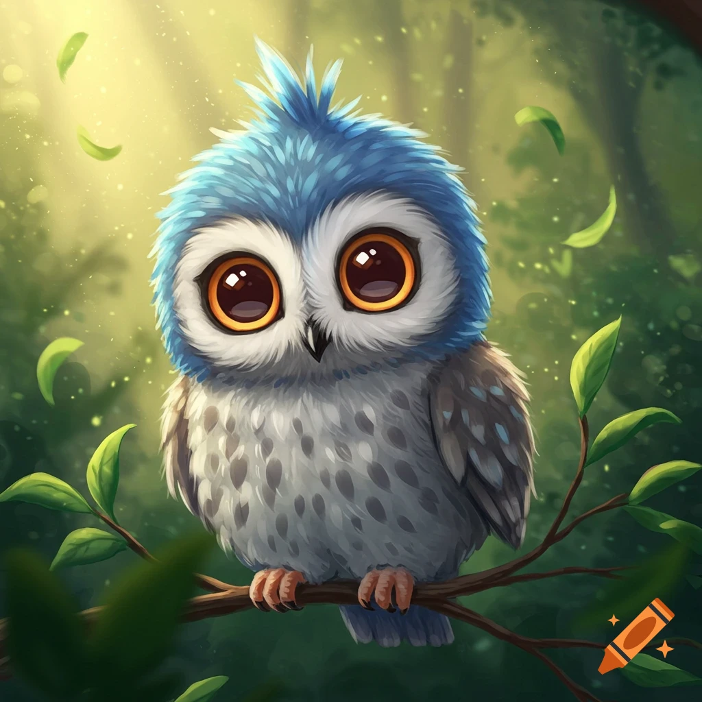 A cute, fluffy blue and grey owl with large orange eyes perches on a branch in a sunlit forest, digital art style.