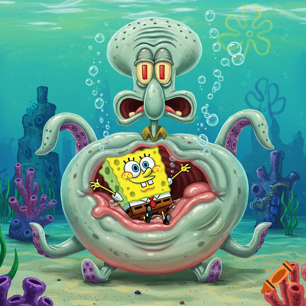 Distressed Squidward with Spongebob inside his opened belly underwater in a cartoon style.
