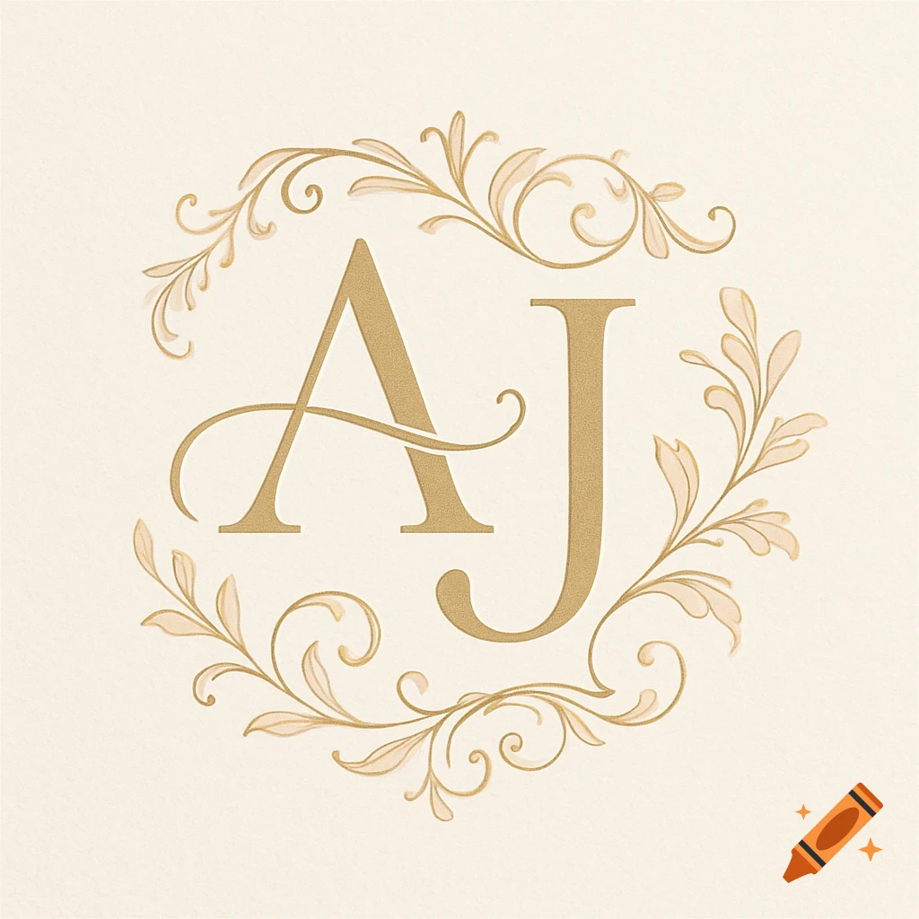 Elegant golden monogram with initials A and J, encircled by swirling floral filigree on a cream background.