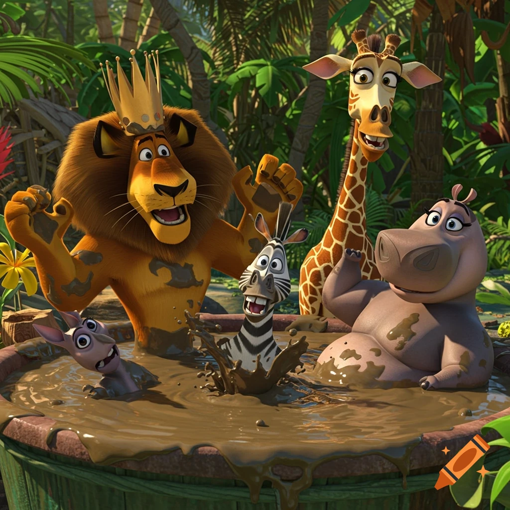 Madagascar characters Alex, Marty, Gloria, Melman, and Mort play in a muddy tub in a lush jungle, 3D animation.