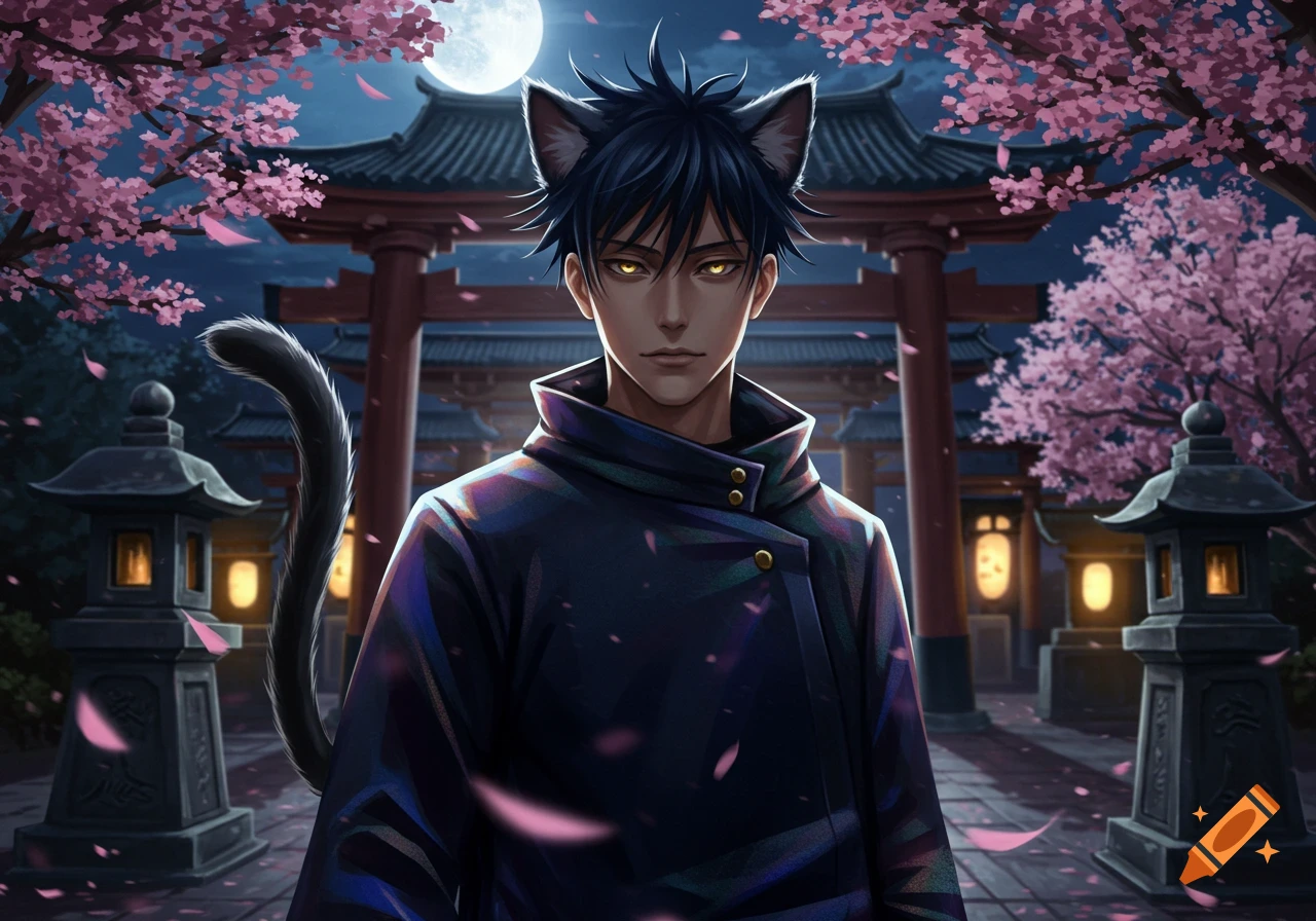 Anime character Megumi Fushiguro with black cat ears and tail, standing before a torii gate under a full moon with pink cherry blossoms.