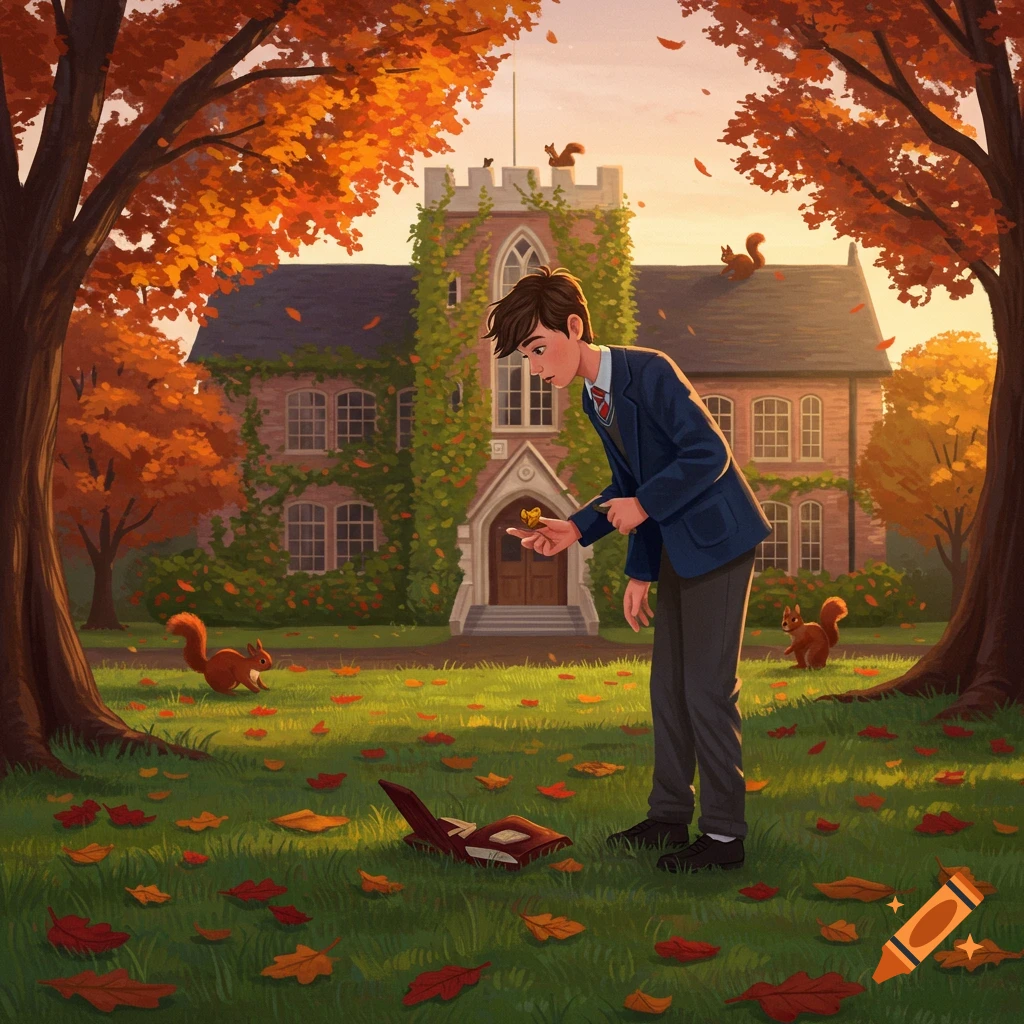A schoolboy observes a small, glowing object in his hand, surrounded by autumn leaves and squirrels in front of a school building, illustration.