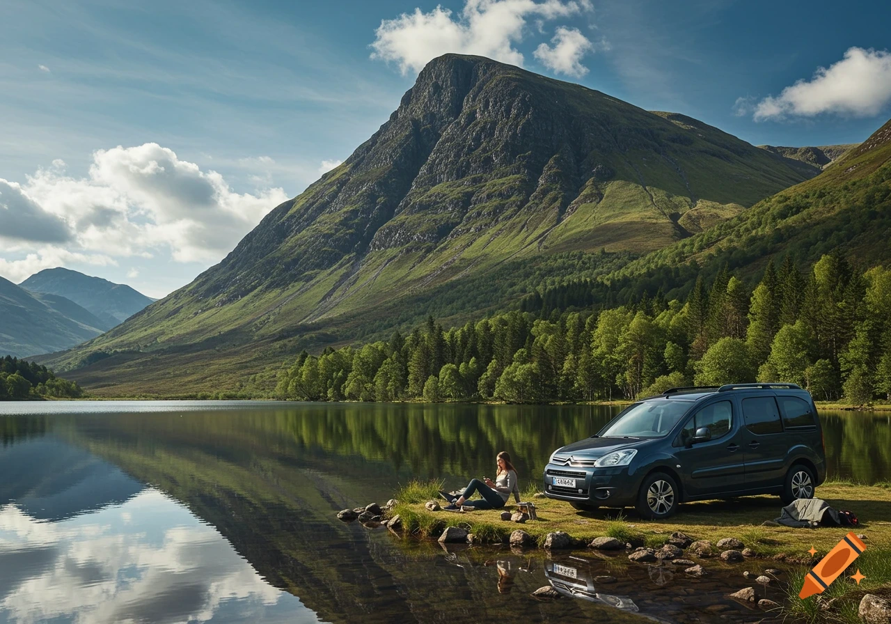 A dark blue Citroen Berlingo and a woman sitting by a calm lake, with a majestic green mountain and forest in the background, photorealistic.