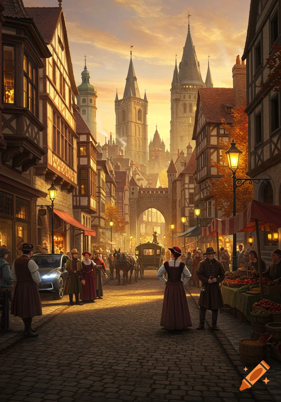 A vibrant, detailed medieval European city street at sunset, with people in period clothing, a carriage, and a modern car.
