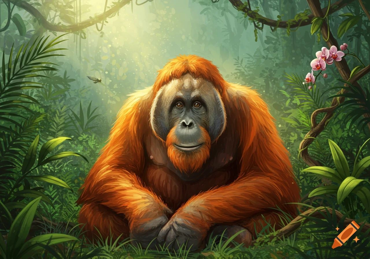 An orange orangutan sits smiling in a lush green jungle with light filtering through the canopy.