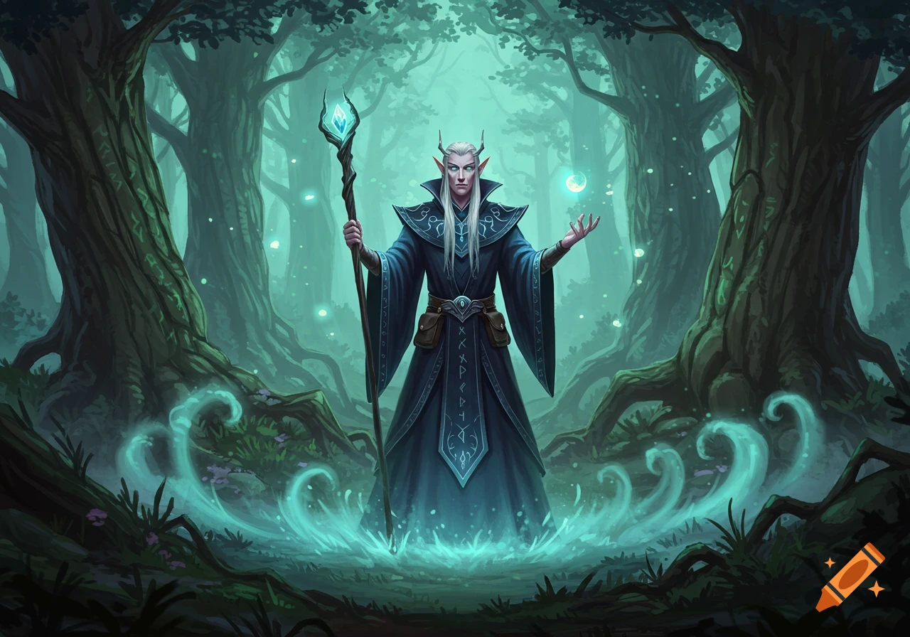 A white-haired elven wizard in a dark blue robe holds a glowing staff and casts a spell in a mystical, teal-lit forest.
