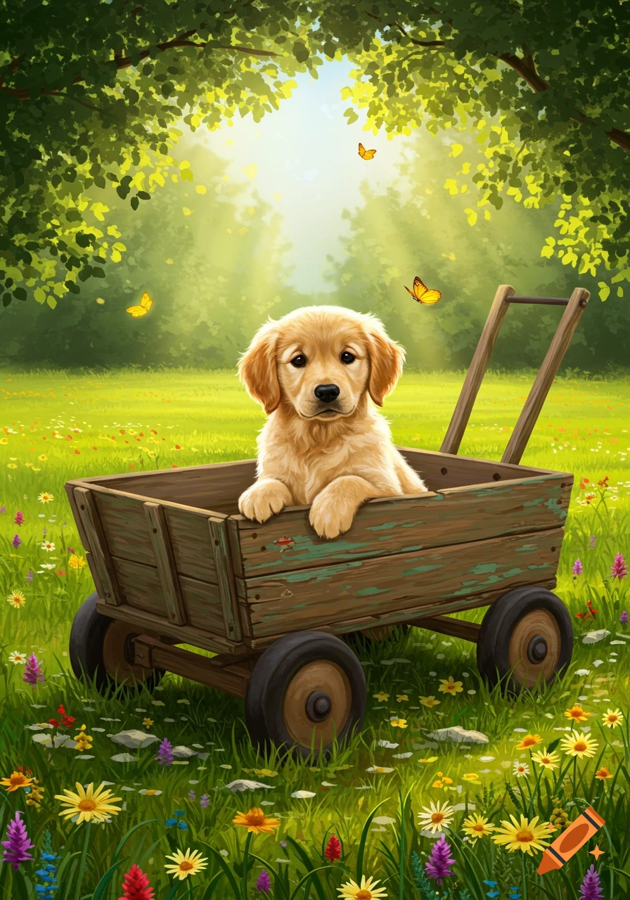 A cute golden retriever puppy sits in a wooden wagon surrounded by colorful wildflowers in a sunny green field, illustration.