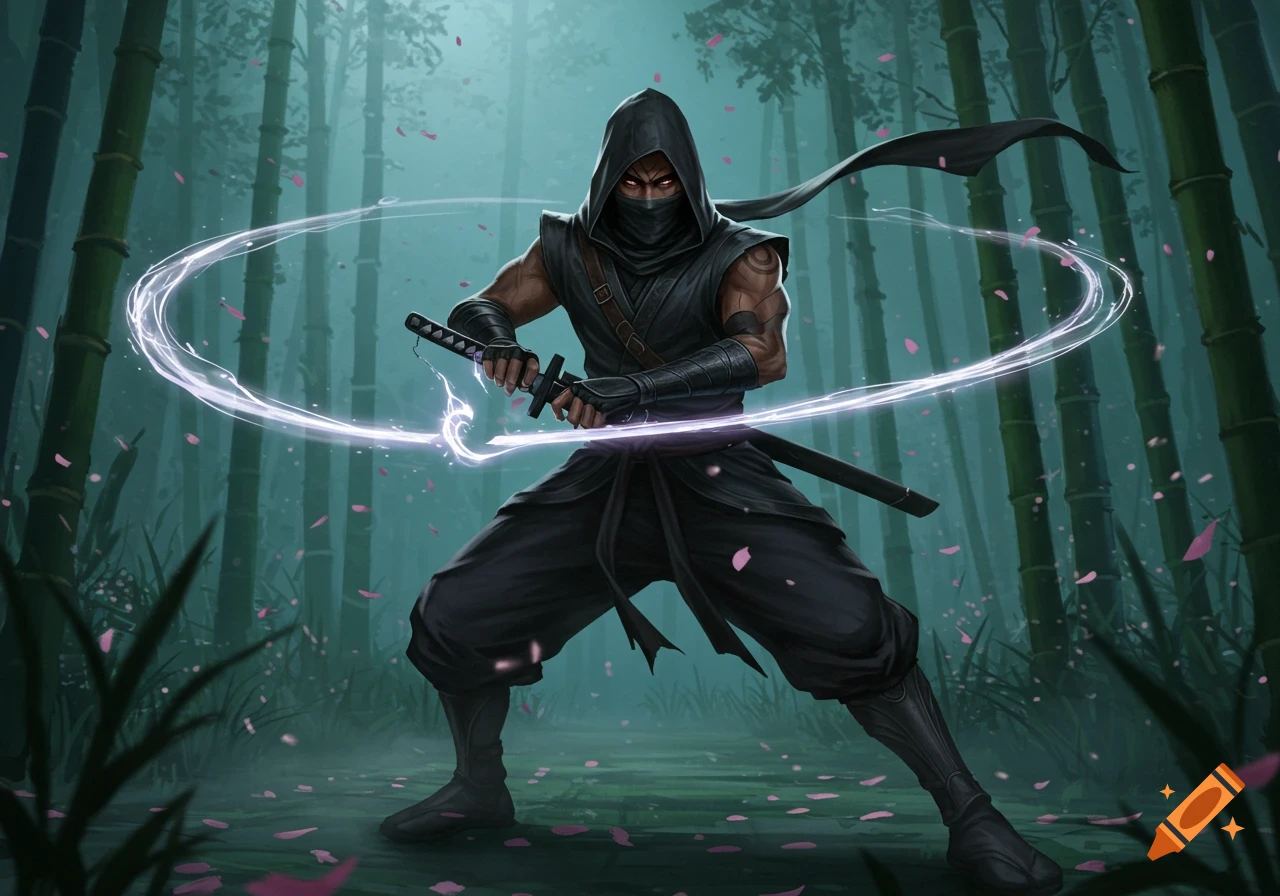 A masked ninja with glowing red eyes, wielding a katana with a glowing aura, stands in a misty bamboo forest with falling pink petals.