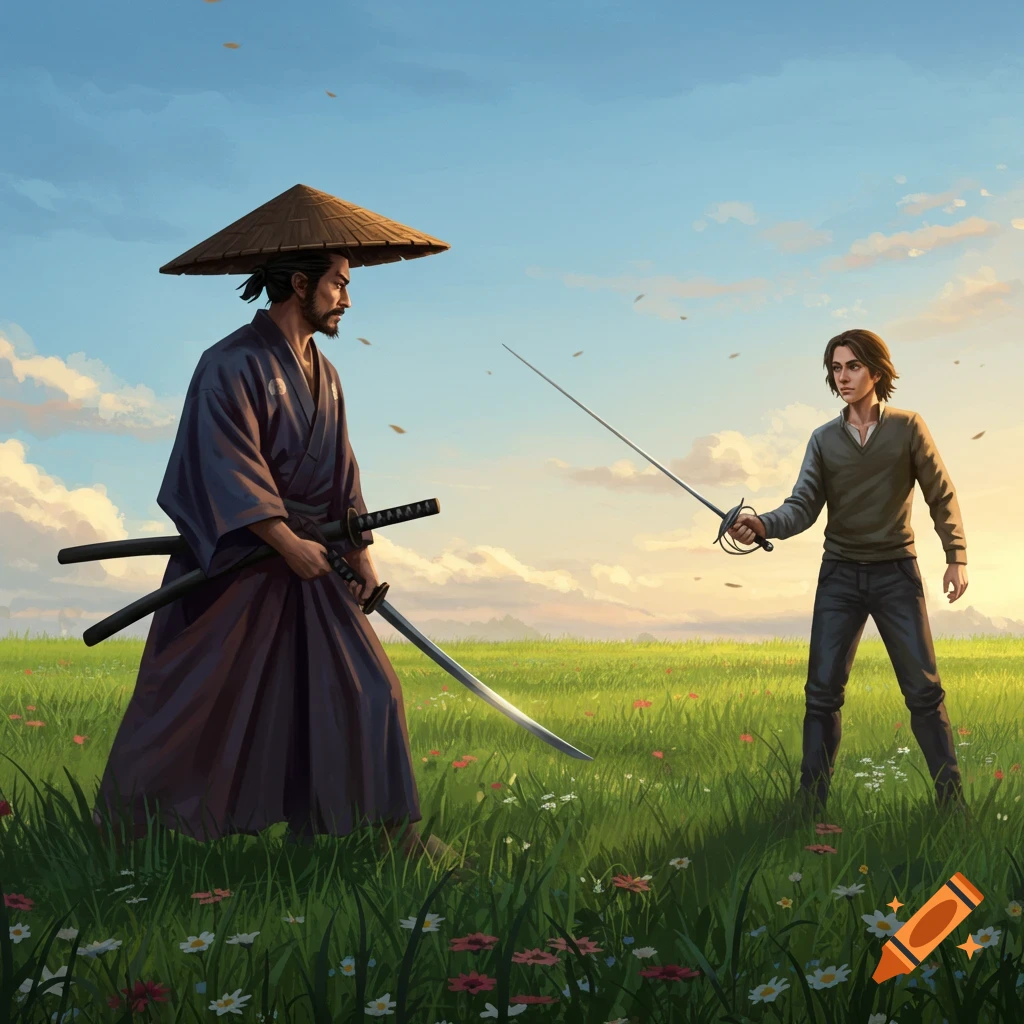 A digital painting of a samurai with a katana facing a European duelist with a rapier in a grassy field under a blue sky.