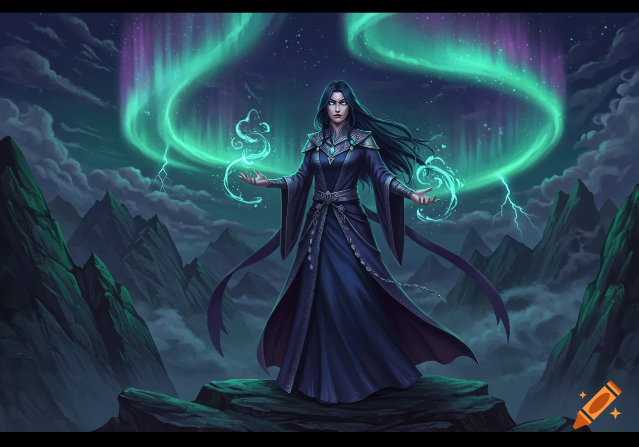 A dark-haired sorceress in a blue robe casts glowing spells on a mountain peak under a vibrant green and purple aurora.