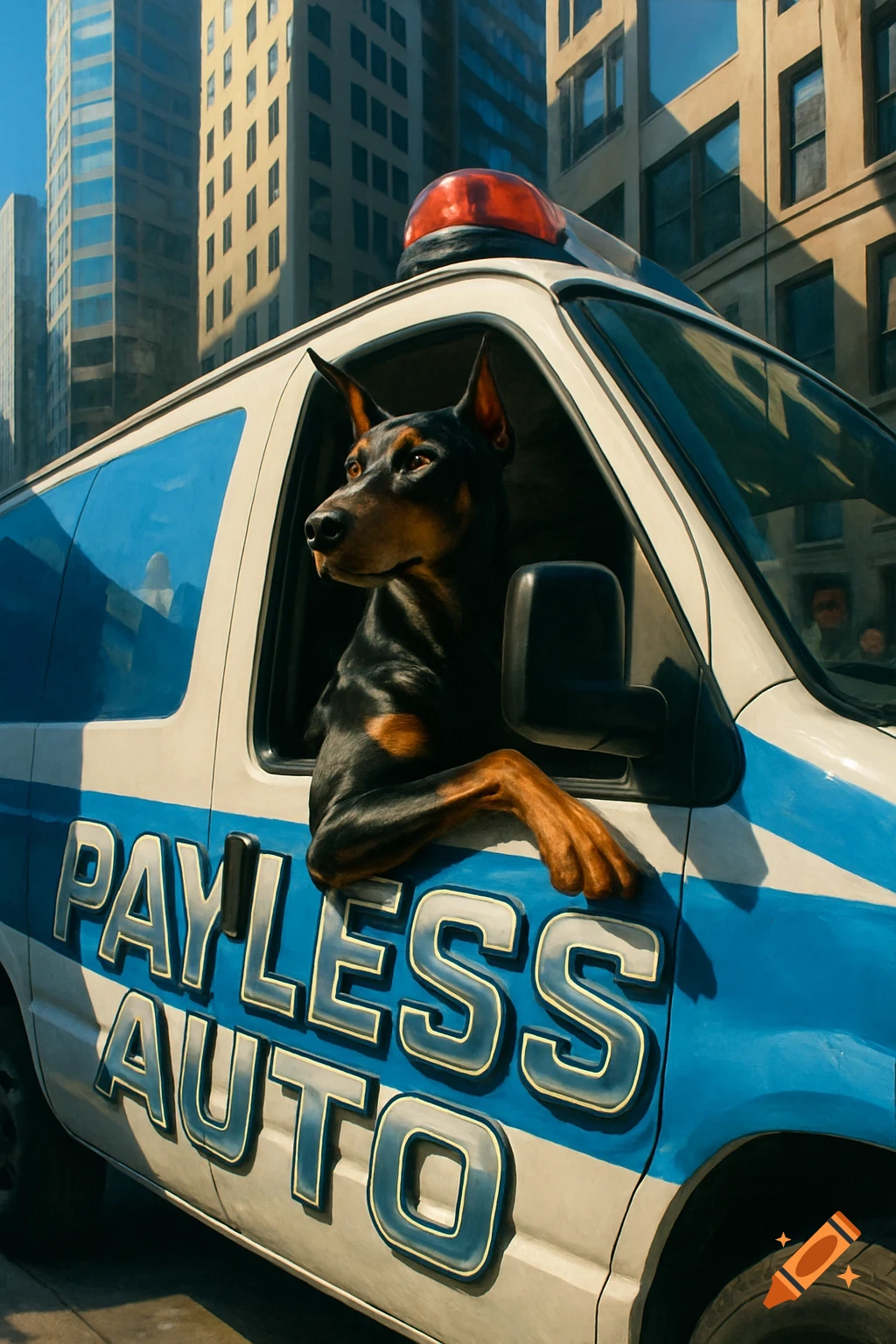 A Doberman dog leans out of the window of a white and blue van with "PAYLESS AUTO" on its side, driving through a city. Stylized art.