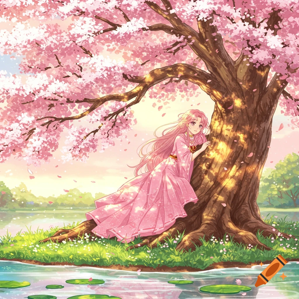 An anime girl in a flowing pink gown leans against a large cherry blossom tree beside a pond, with pink petals falling.