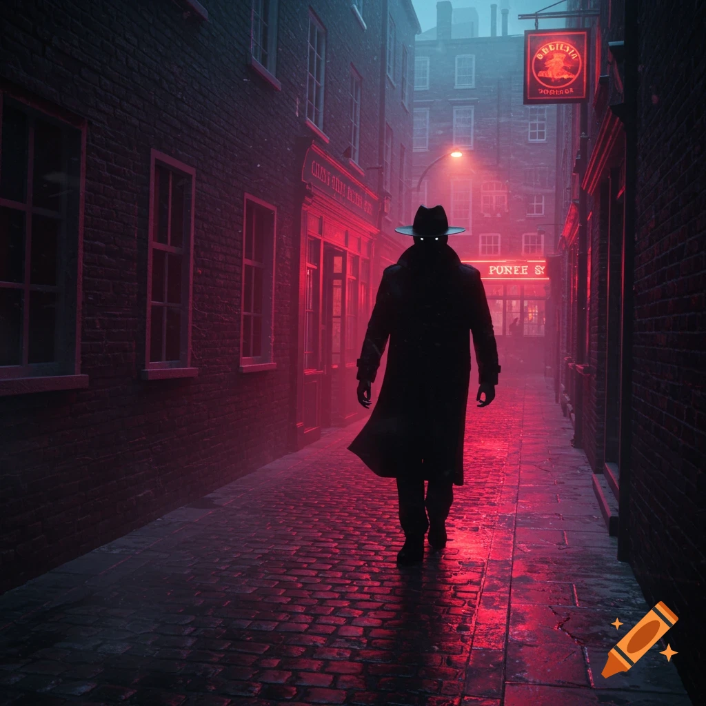 A silhouetted figure in a trench coat and fedora with glowing white eyes walks down a dark, misty city alley lit by red neon signs and streetlights.