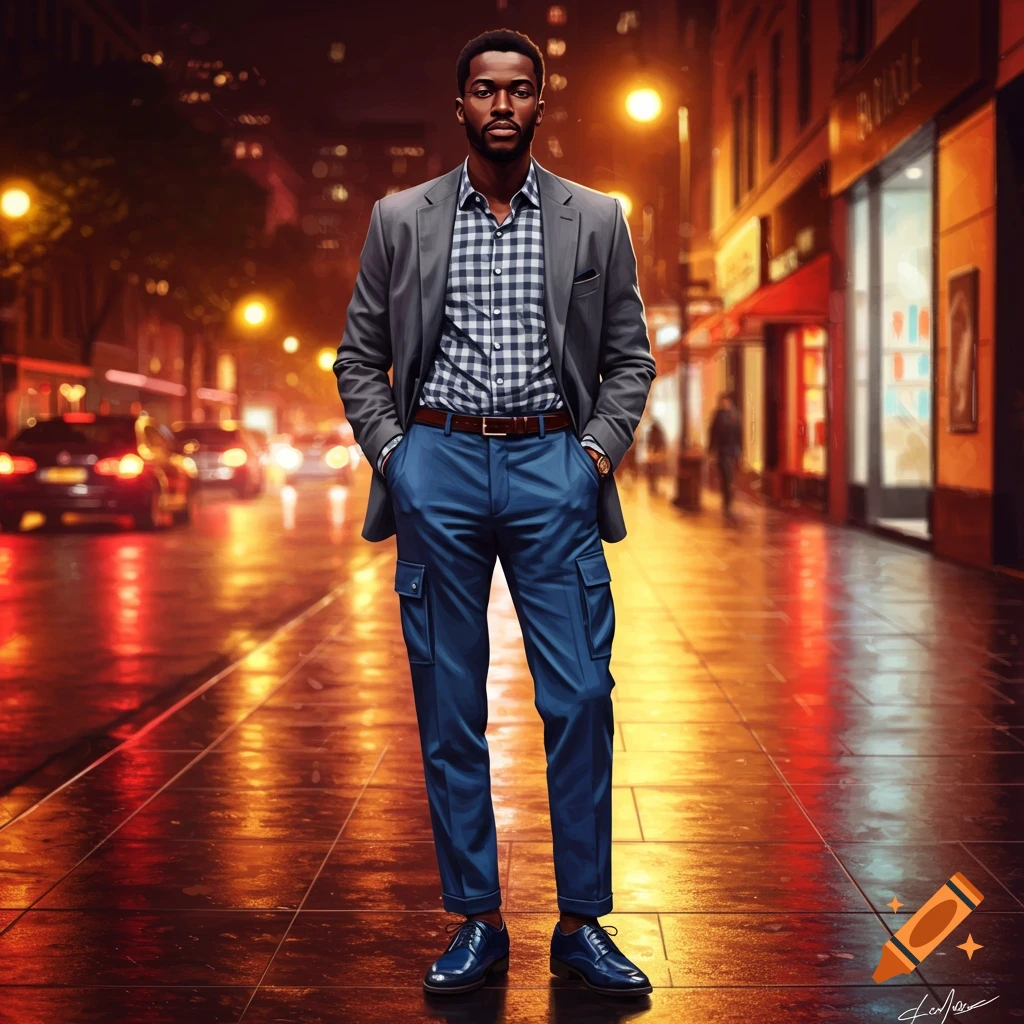 A stylish Black man in a gray blazer, checkered shirt, and blue cargo pants stands on a wet city street at night.