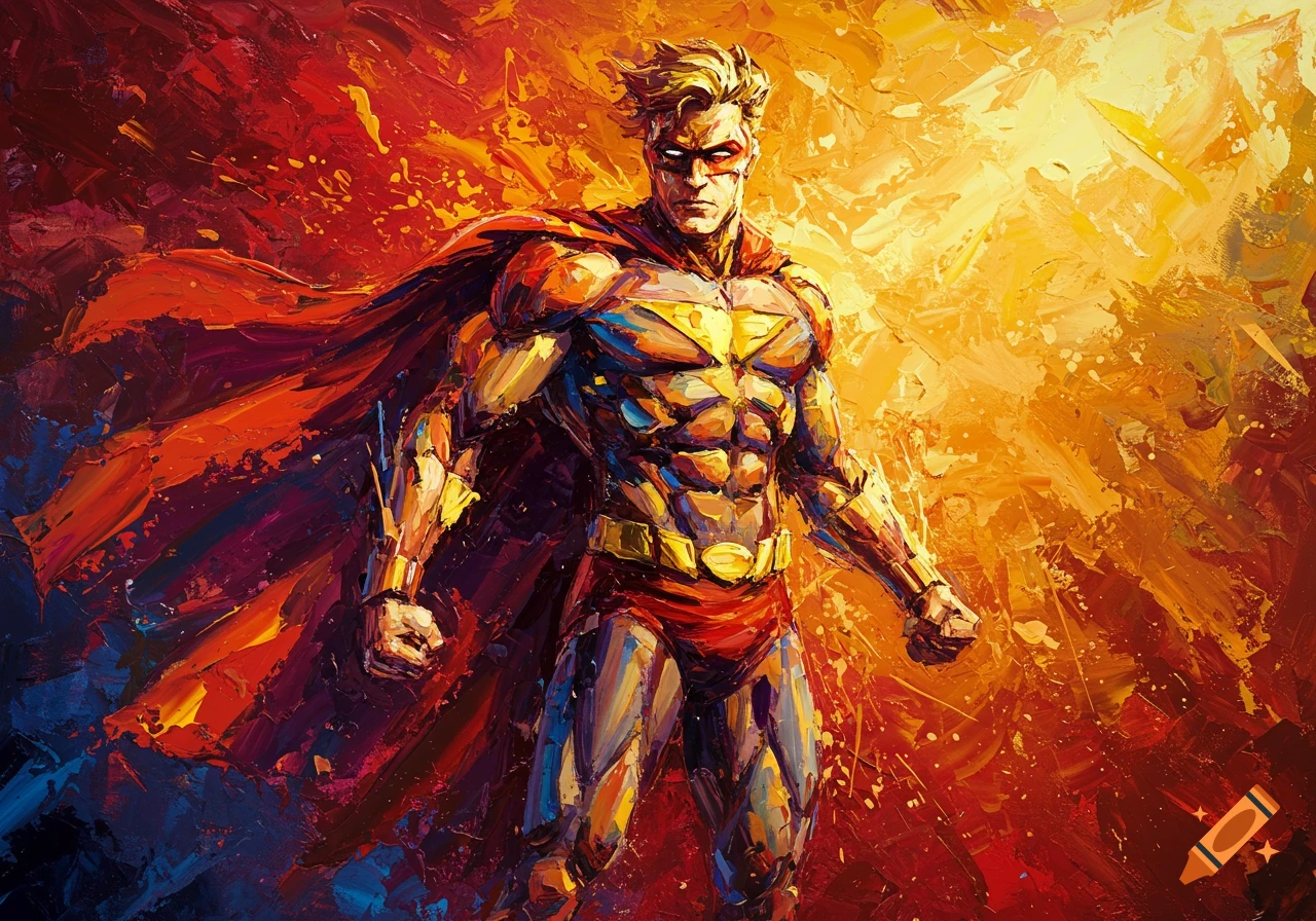 Abstract painting of a powerful superhero in a red cape and blue/gold suit, standing against a fiery red and orange background with thick, textured brushstrokes.