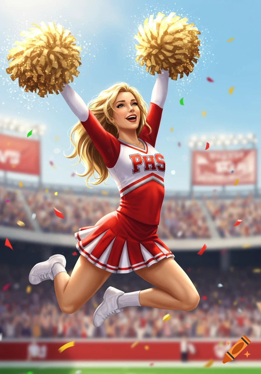 An enthusiastic blonde cheerleader in a red and white uniform jumps with golden pom-poms in a stadium, confetti falling.