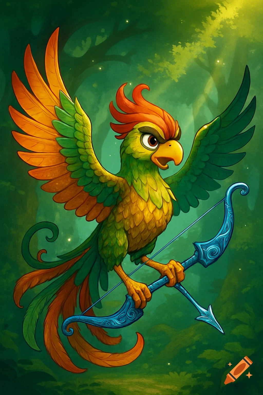 A vibrant cartoon phoenix-like bird, a Simorgh, with orange and green feathers, holds a blue ornate bow in a lush green forest.