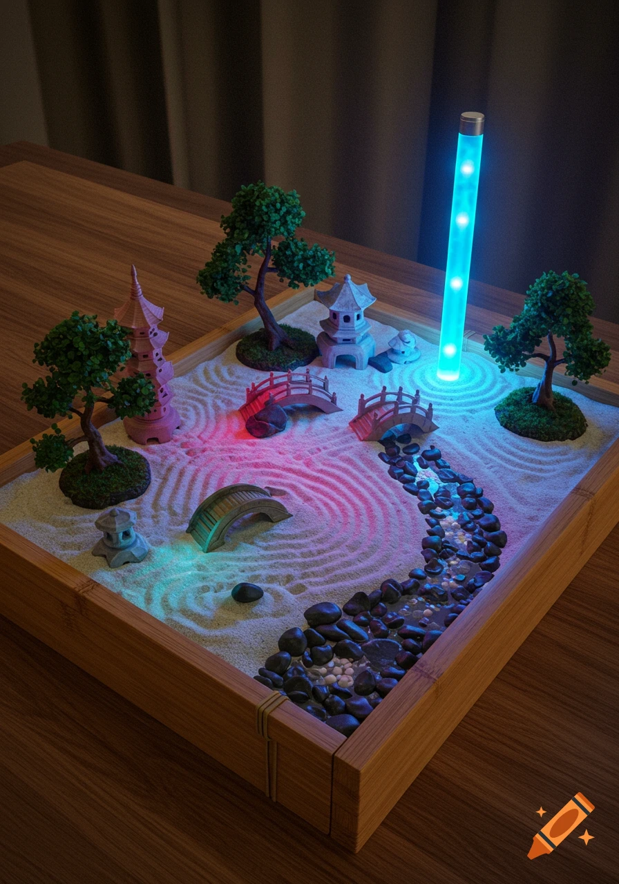 A tabletop Zen garden with sand, miniature trees, bridges, and pagodas, illuminated by colorful LED lights.