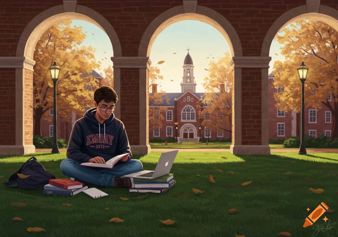 A student in an Emory hoodie studies on a grassy university campus lawn with autumn trees and brick arches.
