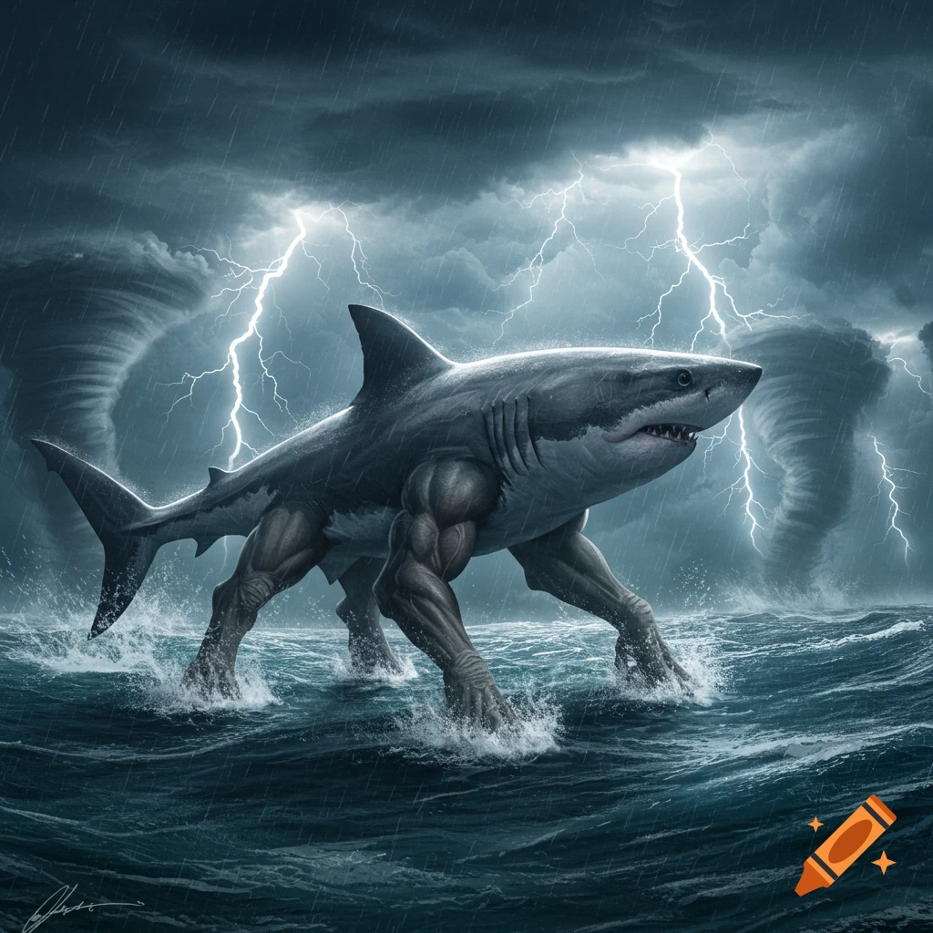 A powerful shark with muscular legs wades through a stormy ocean under lightning and tornadoes, digital art.