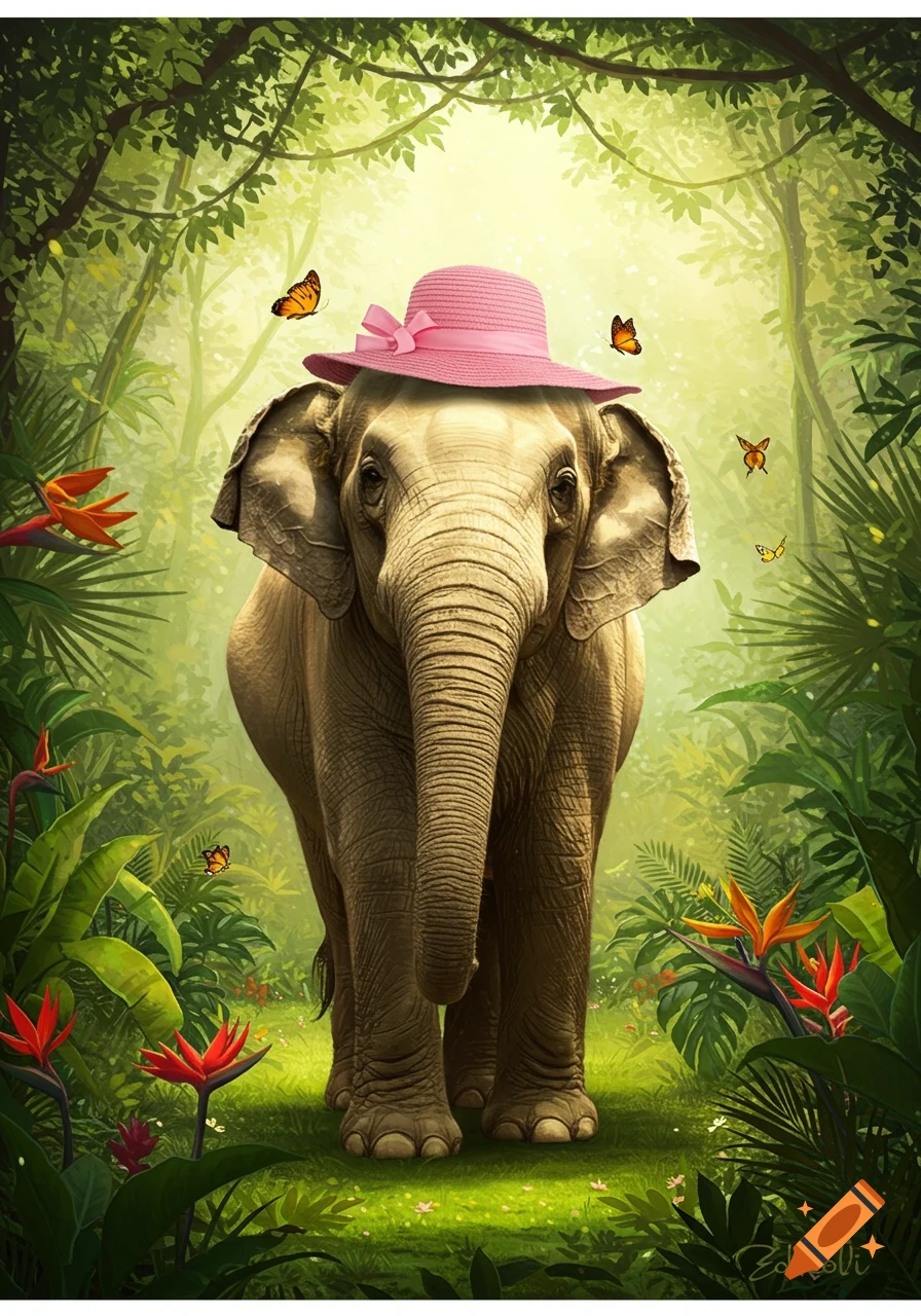 A baby elephant wearing a pink hat stands in a lush jungle surrounded by butterflies and tropical flowers.