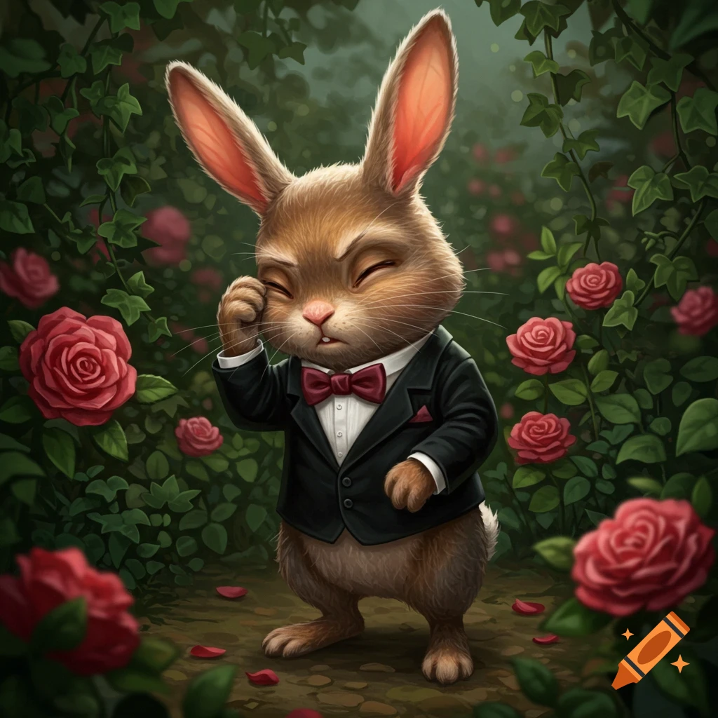 A cartoon rabbit in a suit and bow tie stands in a rose garden, hand to its forehead in a 'doh!' gesture.
