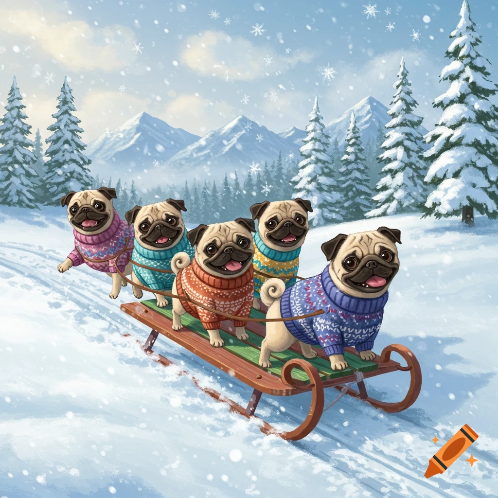 Five cartoon pugs in colorful sweaters sledding down a snowy hill with mountains and pine trees.