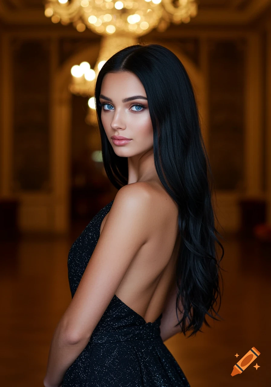 Photorealistic portrait of a woman with long black hair and blue eyes in a black backless gown, looking over her shoulder in a grand hall.