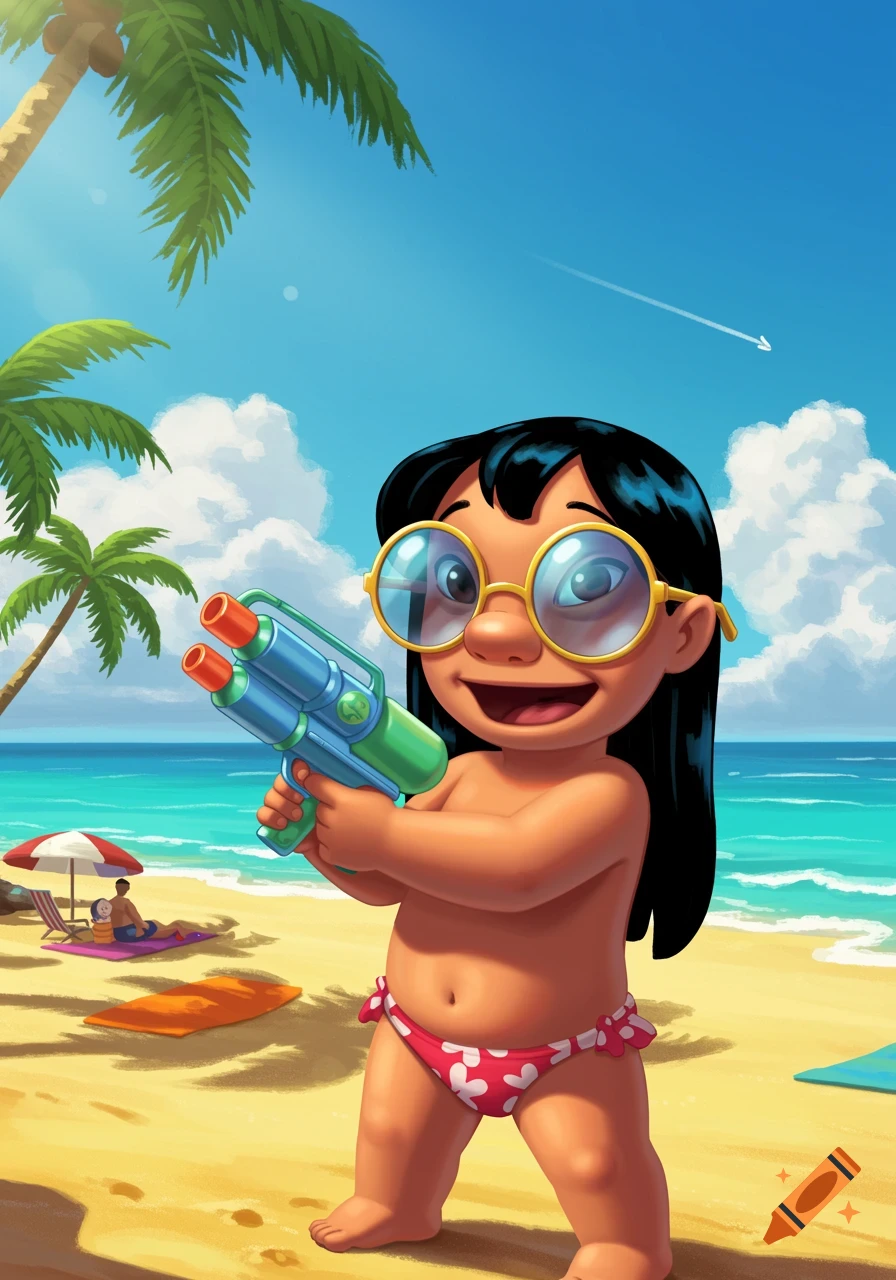 A cartoon Lilo from Lilo & Stitch at the beach, wearing yellow-rimmed sunglasses and red polka-dot swim bottoms, holding a water pistol.