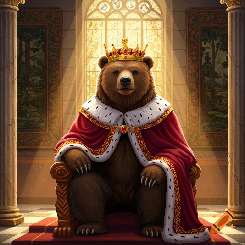 A majestic bear king sits on a golden throne, wearing a red and white ermine cloak and a jeweled crown in a grand hall.