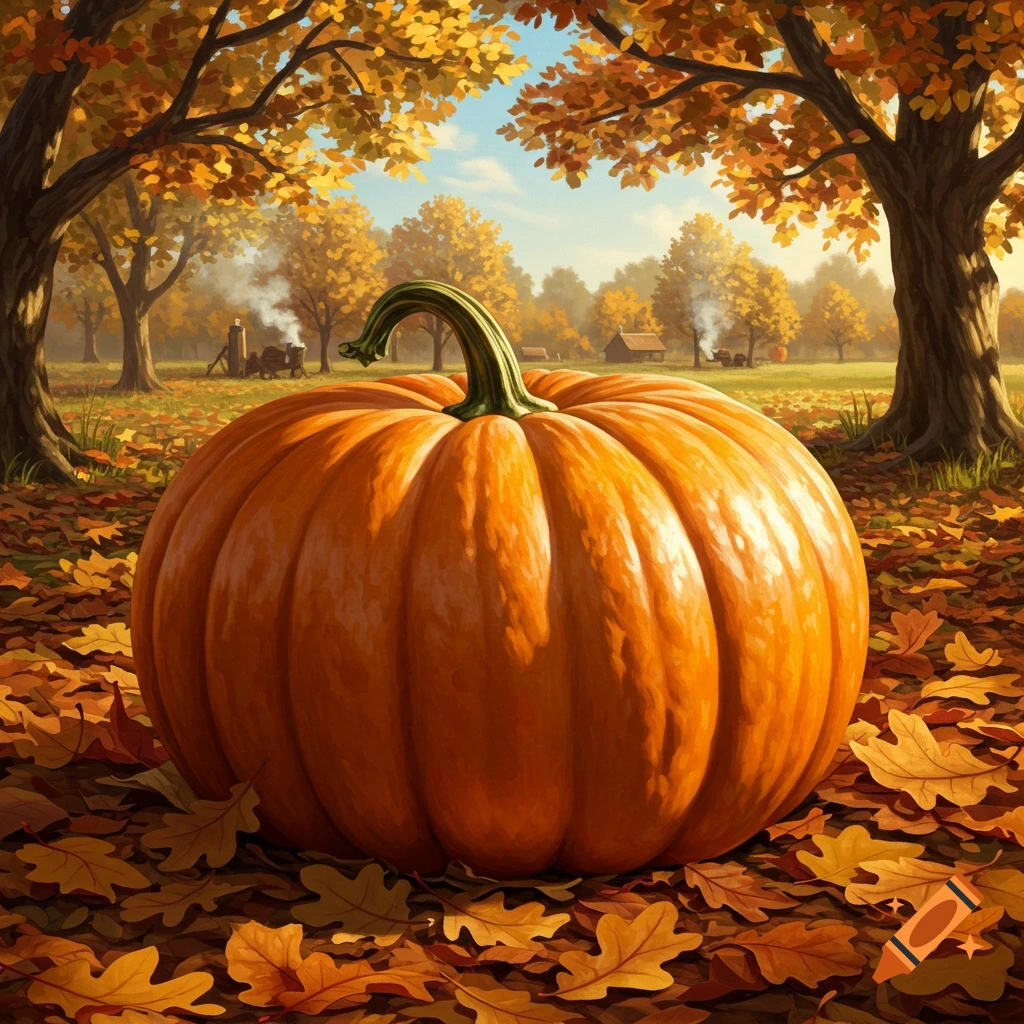 A large orange pumpkin sits on autumn leaves under trees with golden foliage, depicting a vibrant fall landscape.