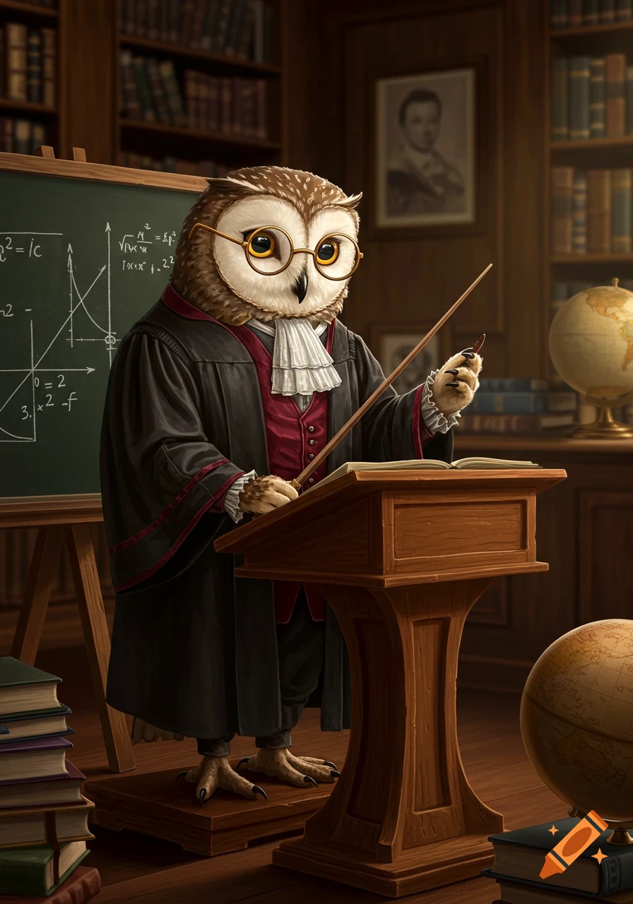 An anthropomorphic owl wearing glasses and a teacher's robe stands at a lectern with a pointer in a detailed library classroom.