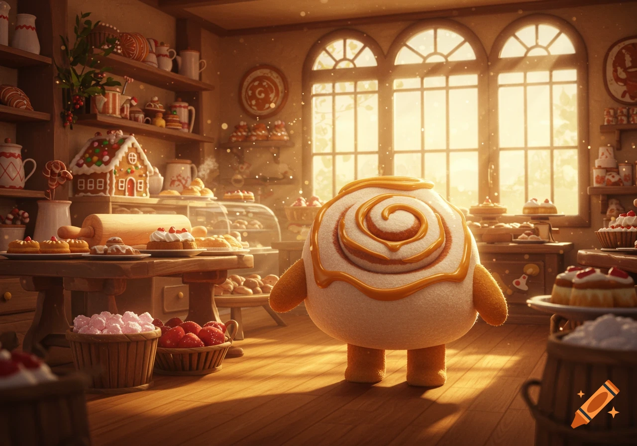 A cute, fluffy anthropomorphic cinnamon roll character stands in a warm, sunlit bakery filled with pastries, cakes, and a gingerbread house.
