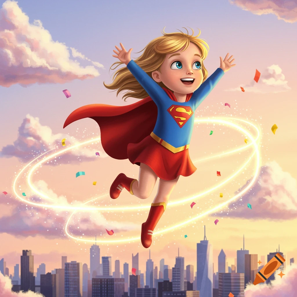 A smiling young Supergirl with blonde hair and blue eyes flies joyfully above a city, arms outstretched, confetti and golden energy swirling around her at sunset.