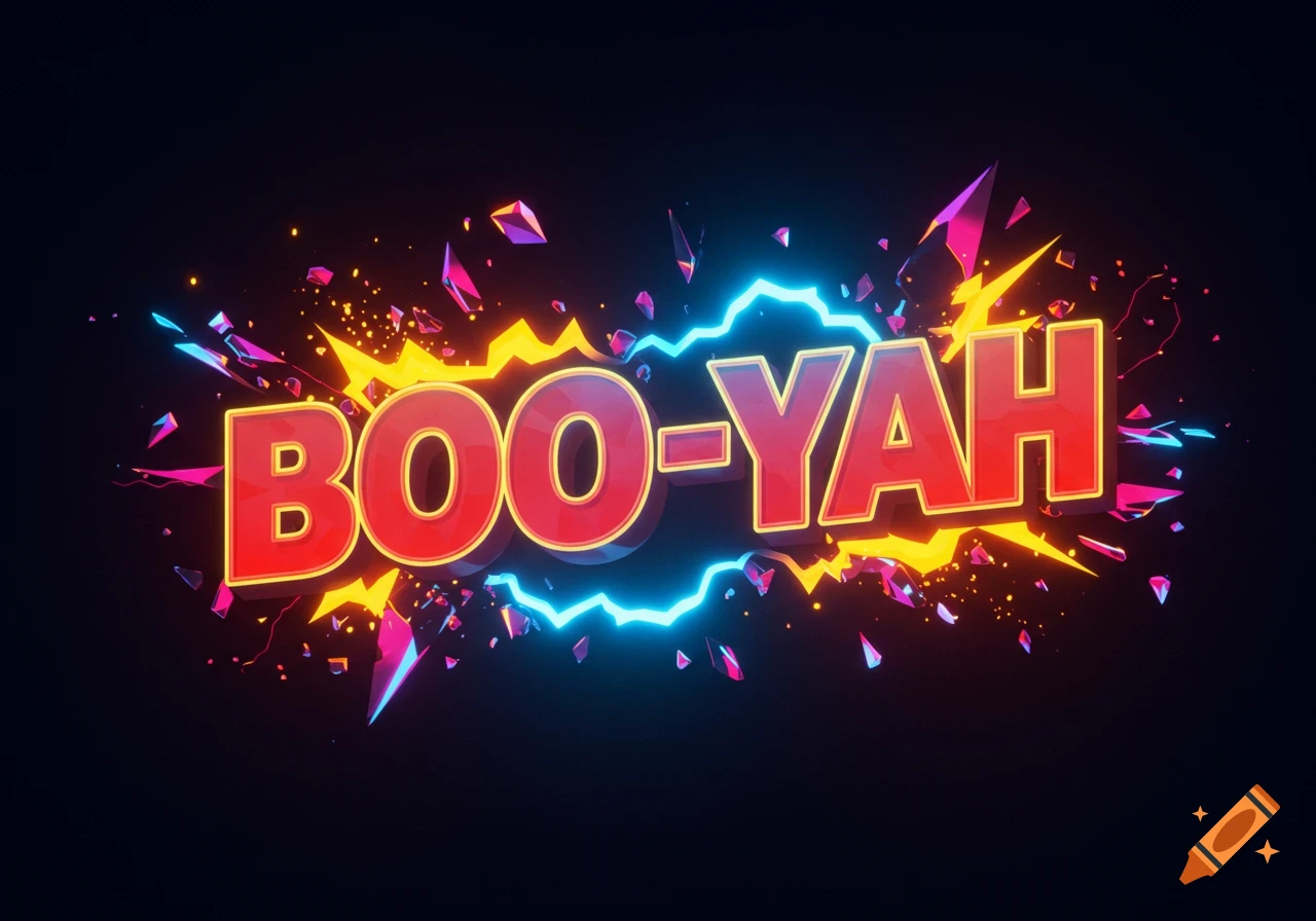 Stylized graphic of the word 'BOO-YAH' in red with yellow outline, surrounded by neon blue lightning and shattered pink/yellow shards on a dark background.