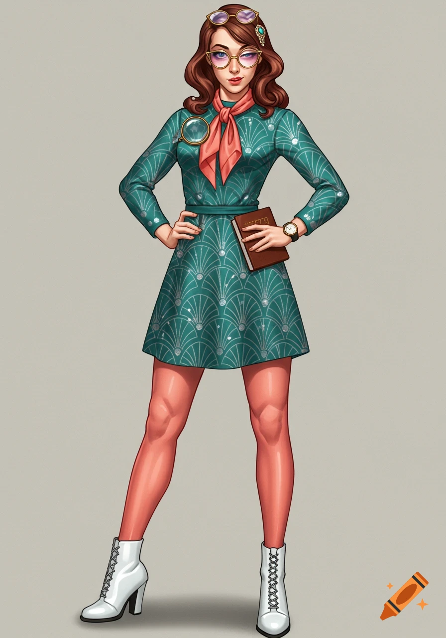 A confident woman in a teal art deco dress, coral scarf, pink tights, and white boots, holding a notebook, in a stylized illustration.