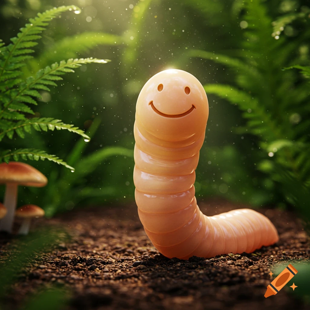 A photorealistic worm with a smiley face on its head stands on damp soil in a lush forest with ferns and mushrooms.
