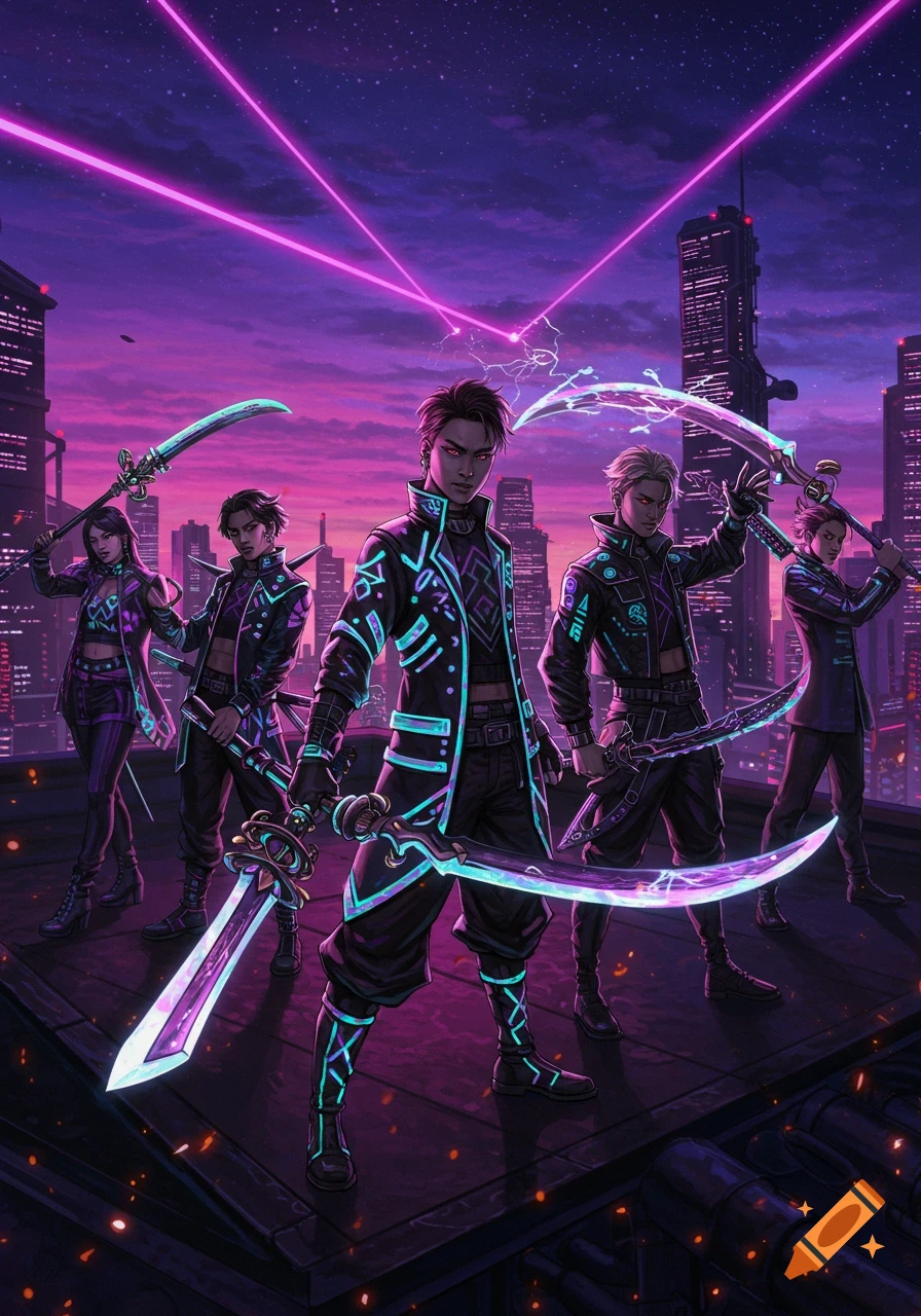 Five cyberpunk characters with glowing swords stand on a neon-lit city rooftop under a purple sky.
