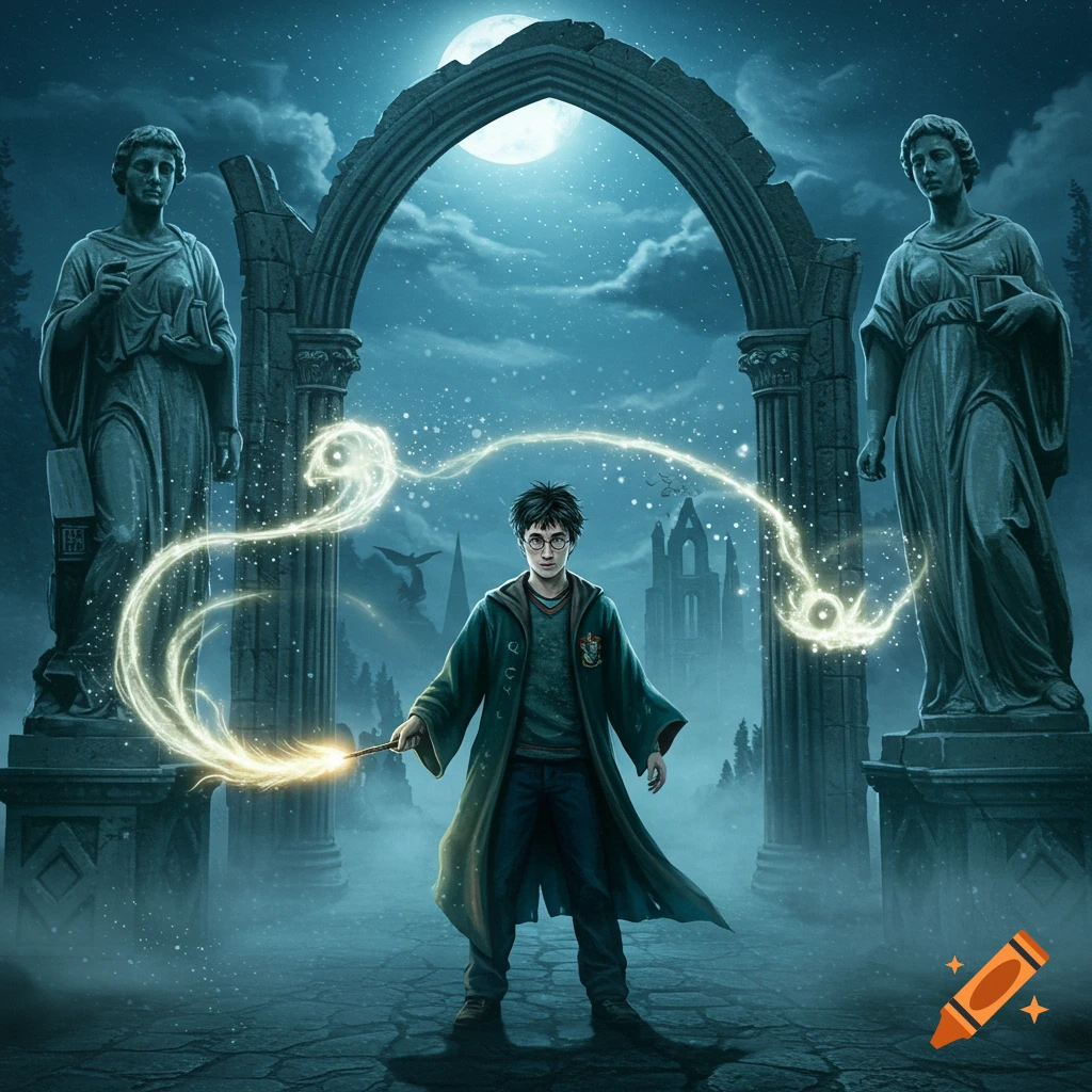 Harry Potter with a glowing wand stands between two large statues under a full moon, a castle in the misty background, in a fantasy art style.